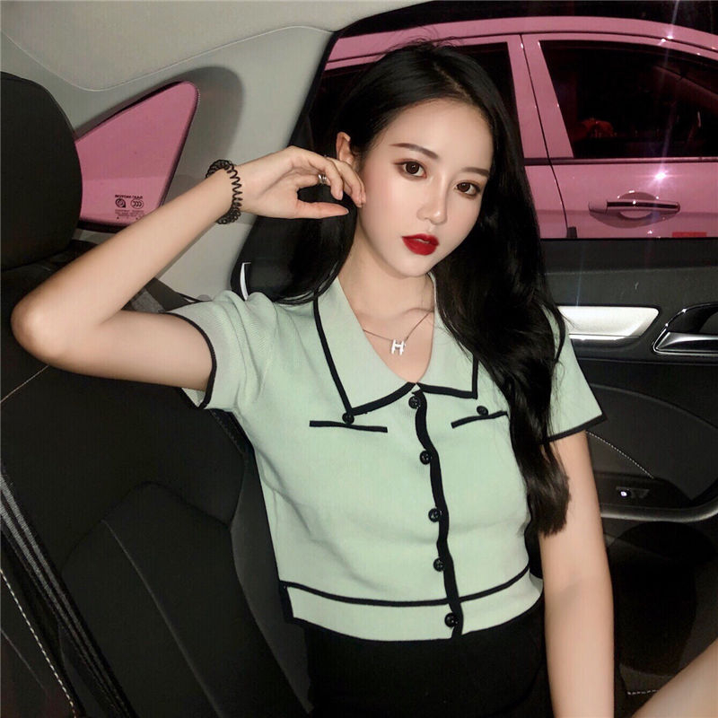 CHAVA | BJ1368 Baju Atasan Kaos Lengan Pendek Korean Collar Crop Top Atasan Kemeja Knit Fashion korean