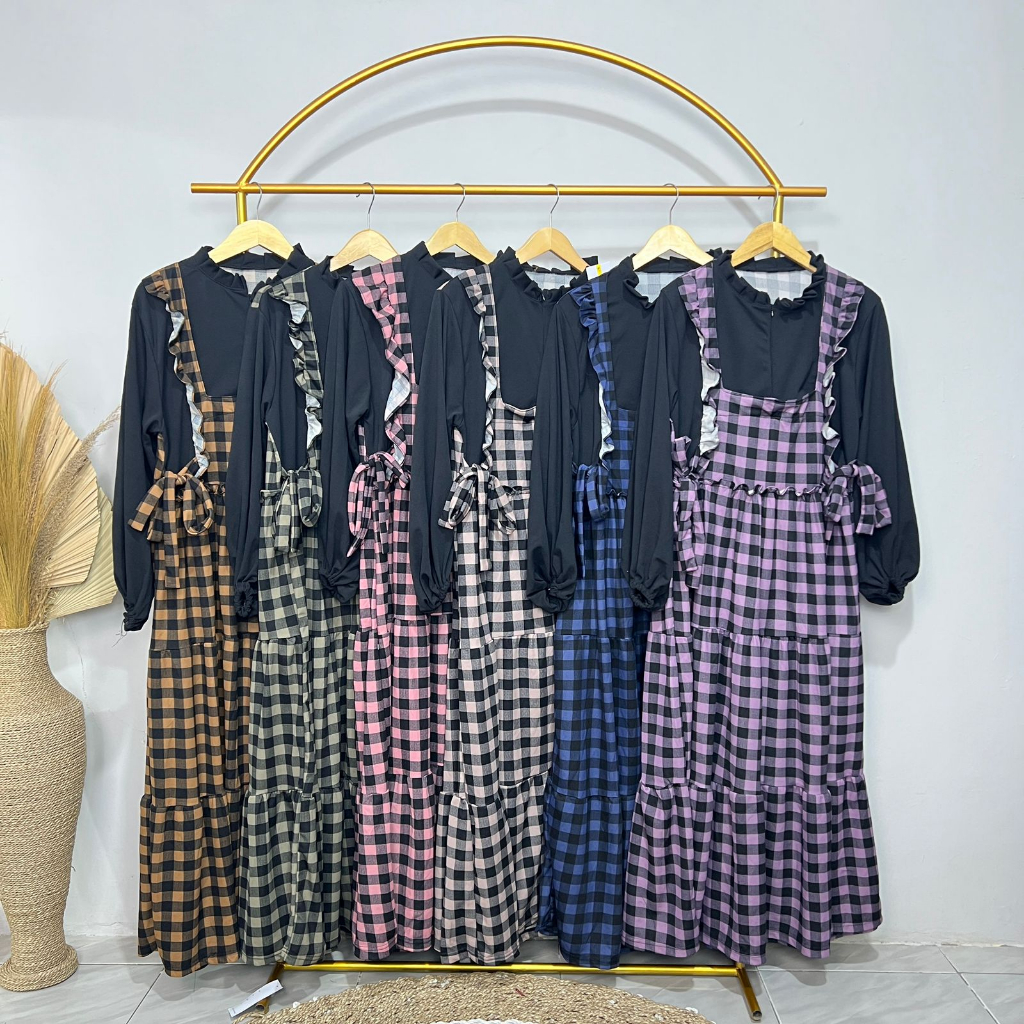 Kanzia Dress Gamis Wanita Overall Dress Mayung Jumbo Busui Friendly Motif Kotak Kancing Muslim Flowy