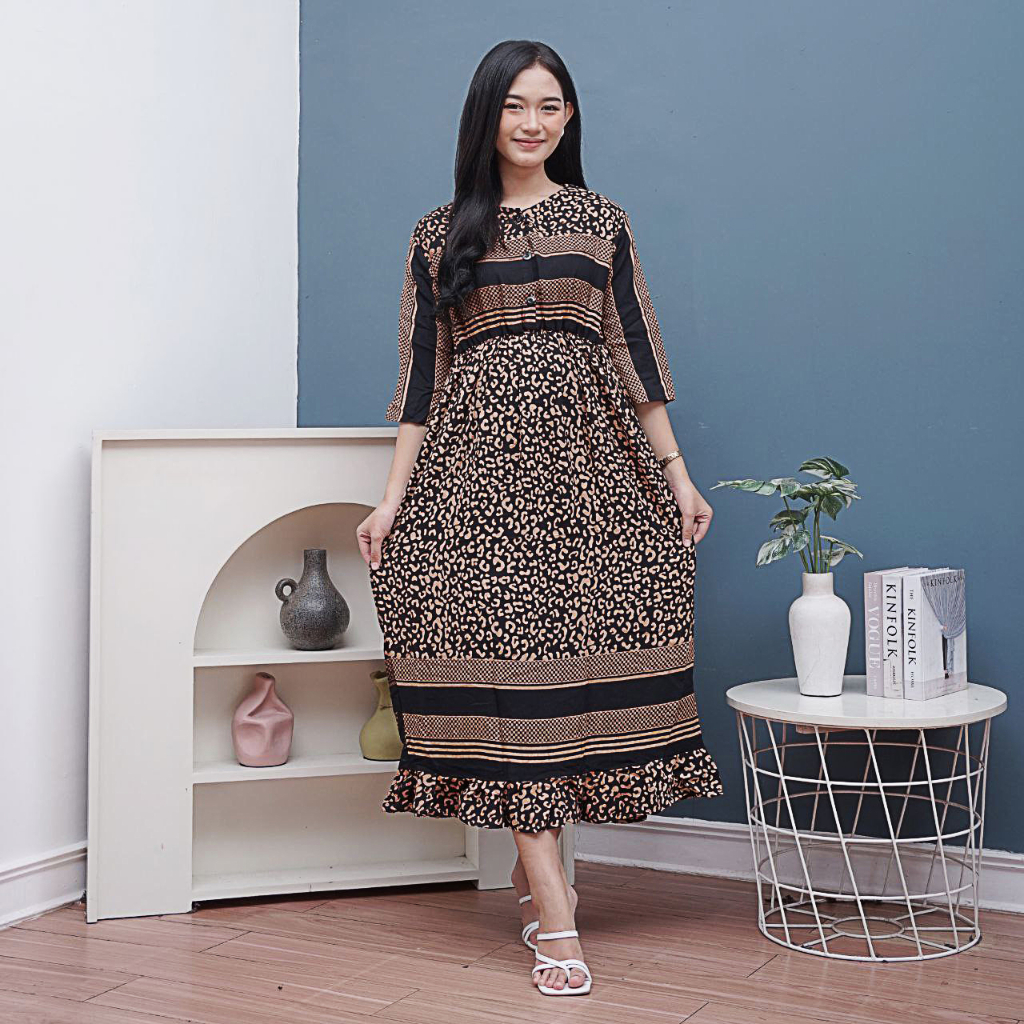 Daster Lengan Panjang Kekinian Long Dress Semata Kaki Karet Kerut Dada Rayon Premium Busui