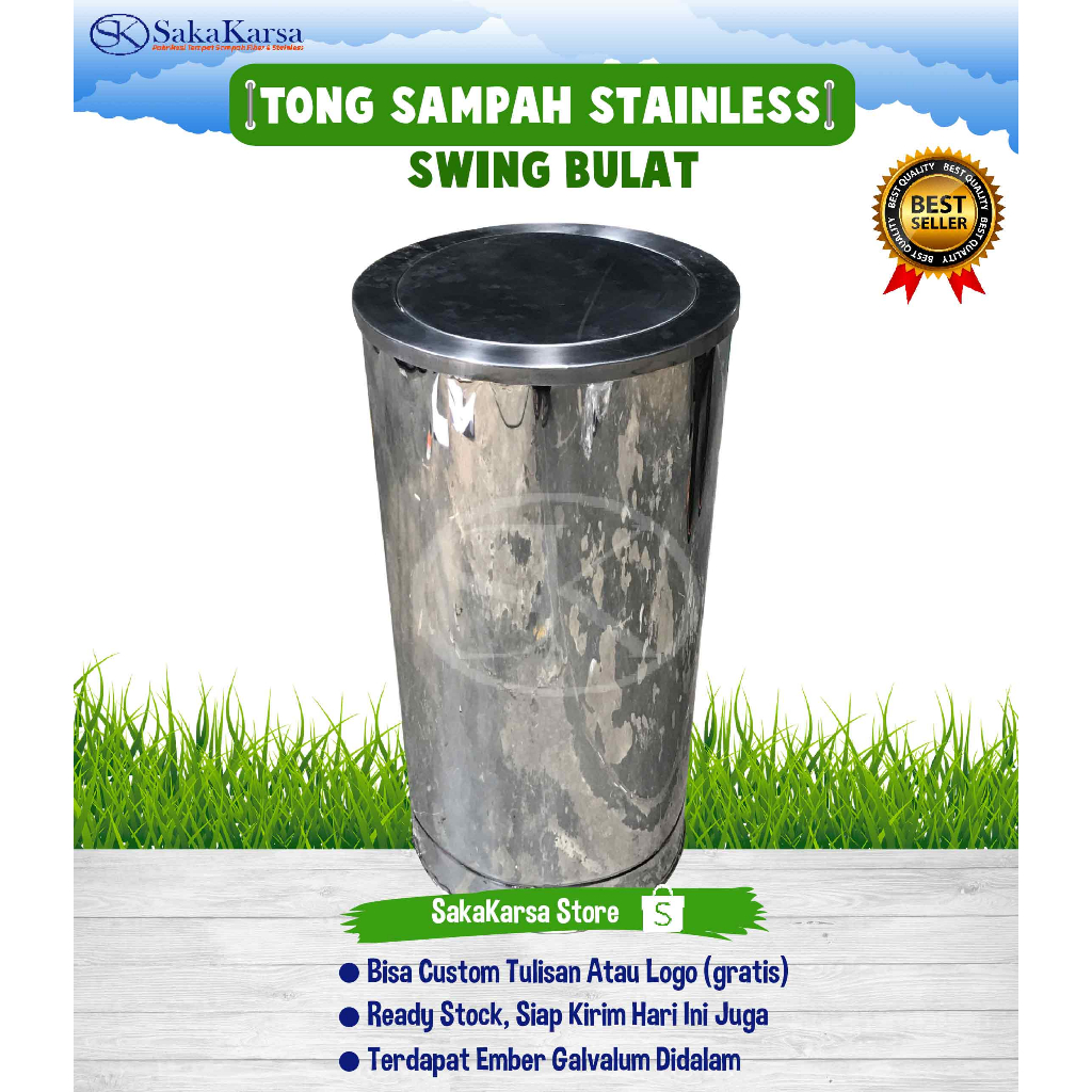 TONG TEMPAT SAMPAH STAINLESS BULAT TUTUP SWING, TEMPAT SAMPAH STAINLESS ASBAK BULAT SWING