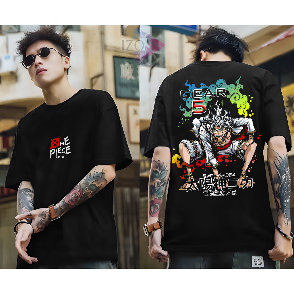 Baju Kaos Distro Terbaru Tshirt Anime One Piece Gear 5 Luffy Jongkok Pakaian Pria Wanita Keren Lenga