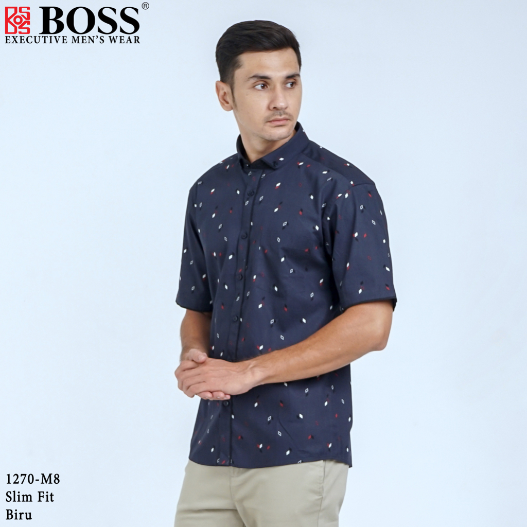 BOSS Kemeja Motif Pria Lengan Pendek Slim Fit 1270