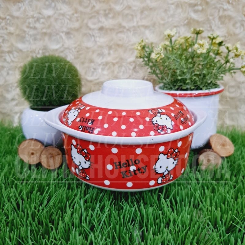 Mangkok Melamin Hello Kitty + Tutup Merah Mangkok Hello Kitty Tutup Mini