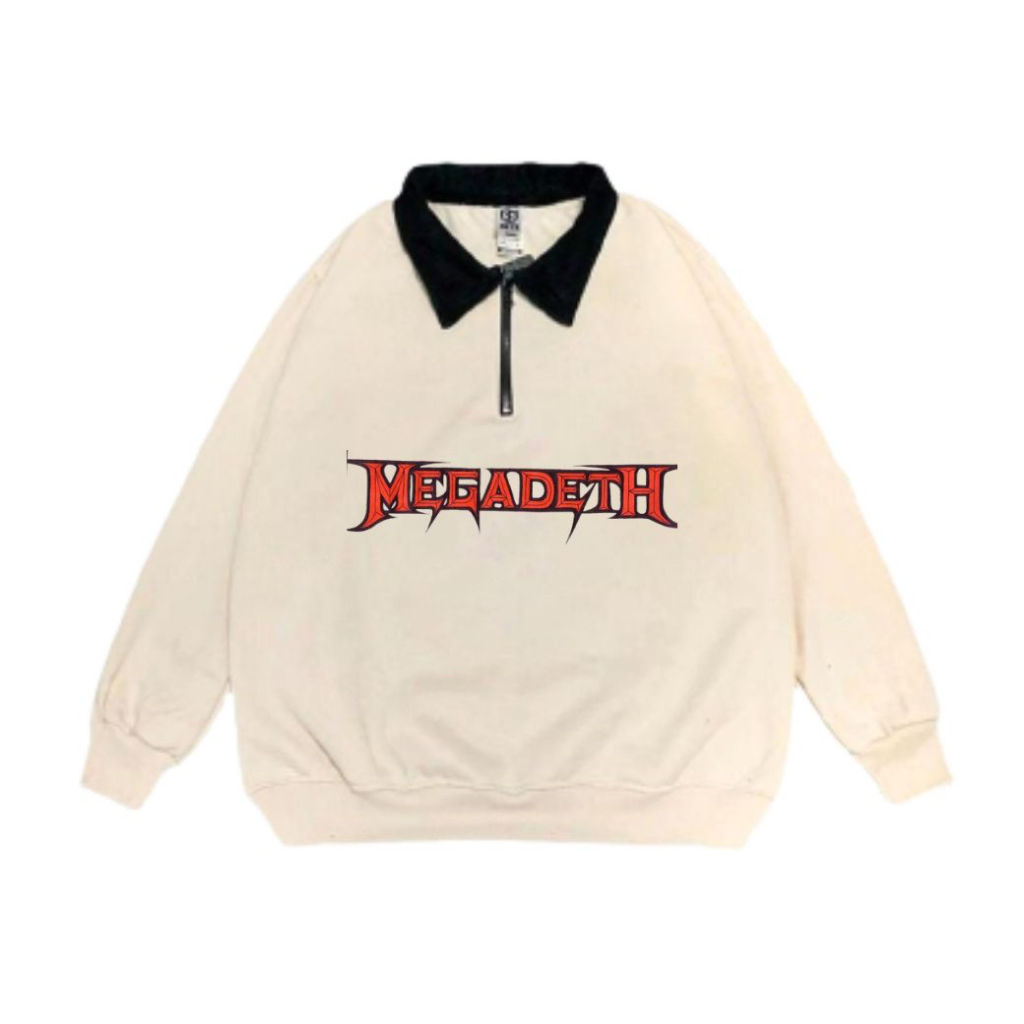 Jaket Distro Sweater Rugby Cream Halfzip Unisex Vintage Original Distro Megadeth