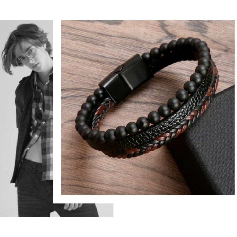 GELANG KULIT PRIA GESPER MAGNETIK OBSIDIAN BATU ALAM plz