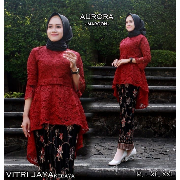 SETELAN KEBAYA AURORA BRUKAT QIANA + ROK PLISKET BATIK PANJANG DEWASA / BAJU KEBAYA MUSLIM MODERN / 