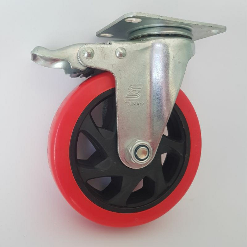 RODA TROLI / TROLY MERAH 5" HIDUP REM / RODA PU NYLON HEAVY DUTY 5 INCH HIDUP REM beban berat