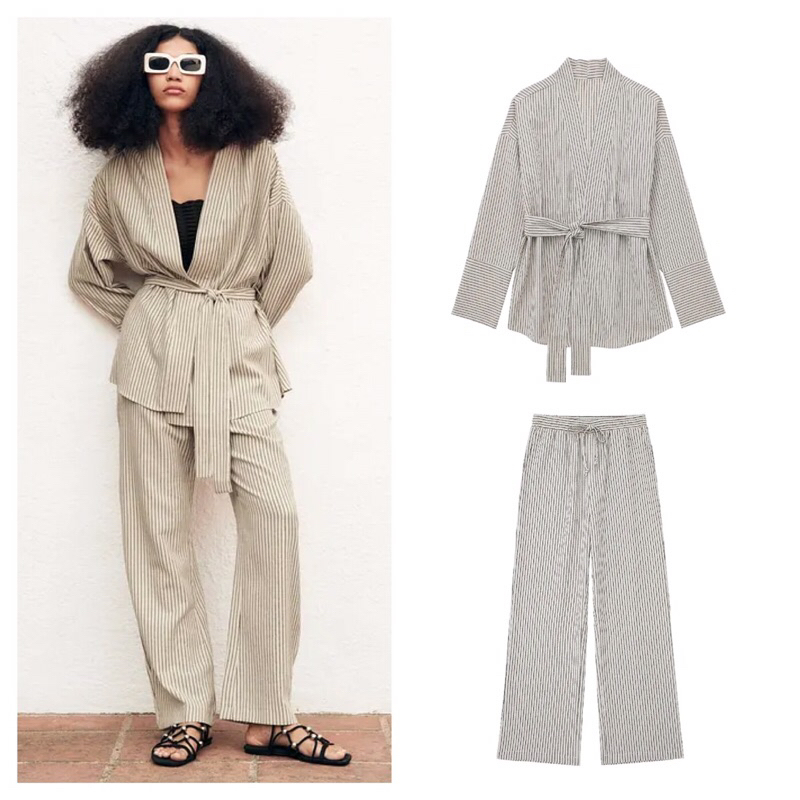 TRRWW - White Stripe Cardigan And Pants Setelan Outer dan Celana Panjang Putih Stripe Big Size Jumbo