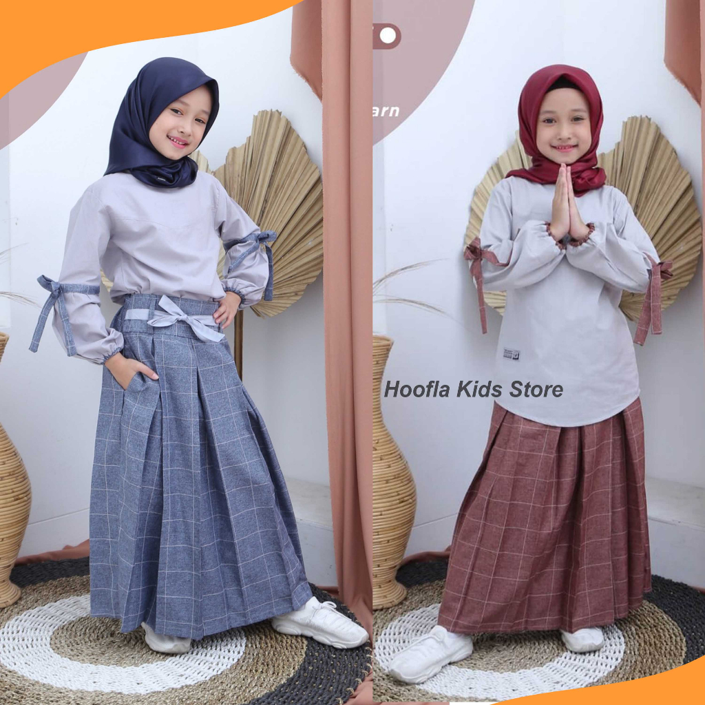 Hooflakids Baju Setelan Anak Perempuan Tanggung Naura Set Blus dengan Rok Pakaian Muslim Anak Cewek 