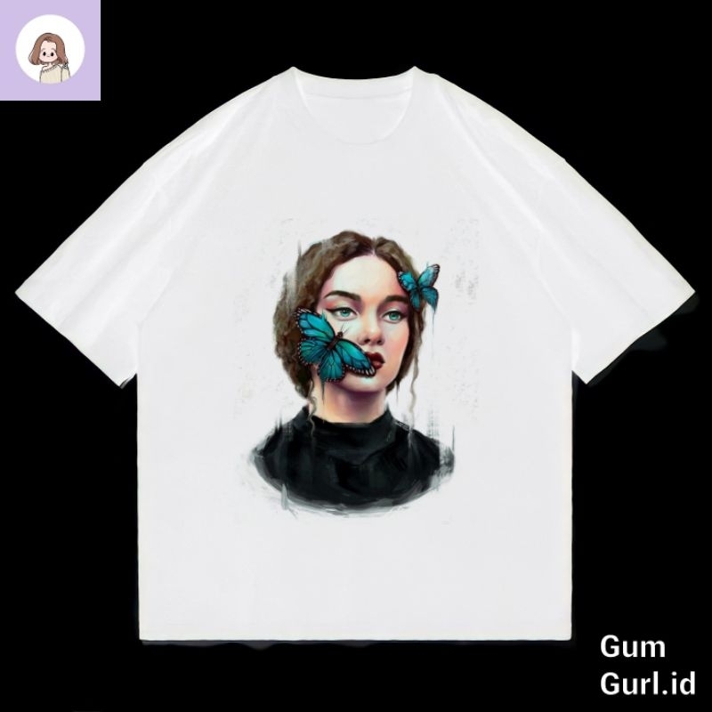 KAOS BAJU T SHIRT WOMAN BUTTERFLY BLUE VINTAGE OVERSIZE HOMAGE RAP TEE