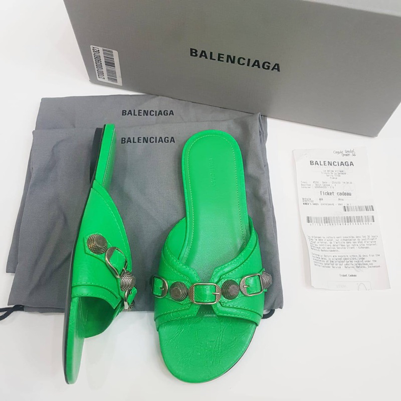 BALENCIAGA Cagole Studed Leather Sandal Green flat