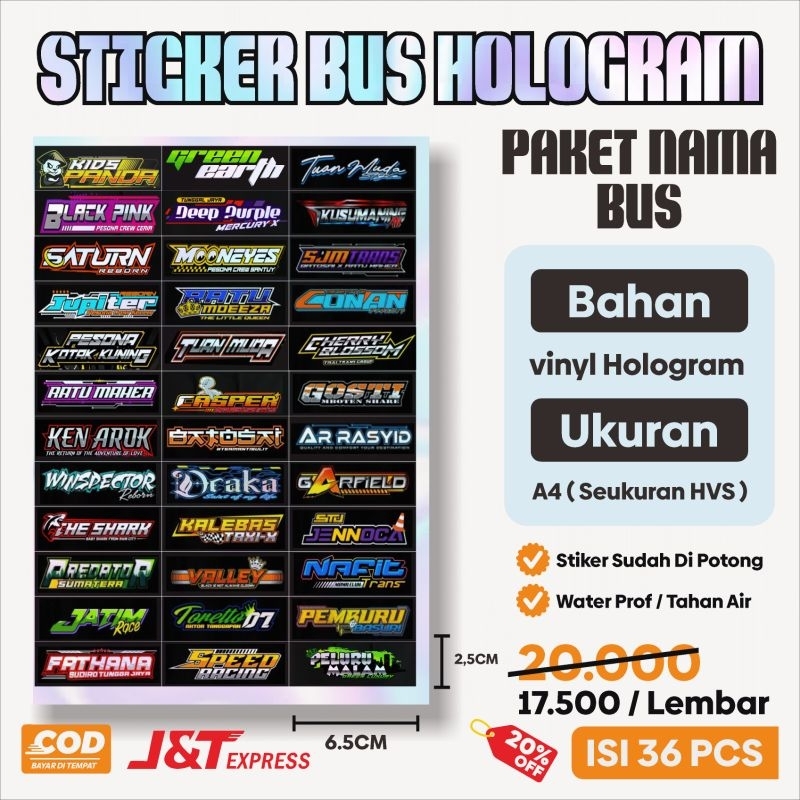 

Stiker Nama Nama Bus Hologram Isi 36pcs, Stiker Hologram, Stiker bus Bashuri Viral