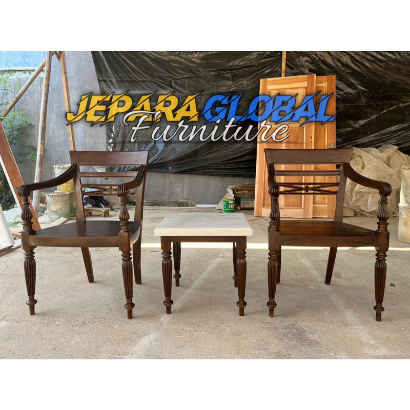 Kursi Teras Jati klasik Top Meja Marmer Cream REAL PICT (kursi jati,kursi teras antik)