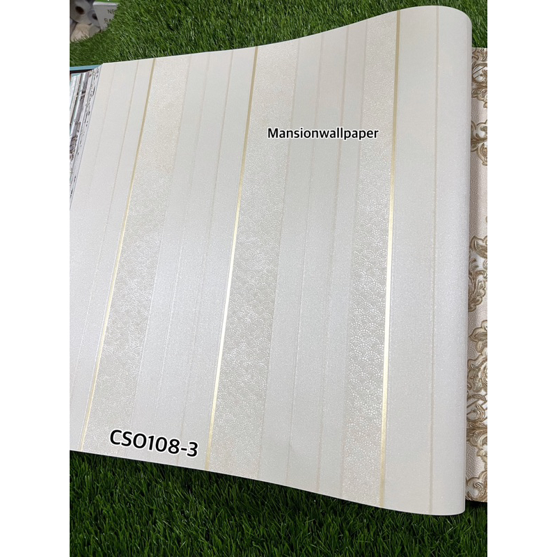 Wallpaper Dinding Garis Simple Soft Putih Cream Biru Hitam List Gold Vinyl Premium