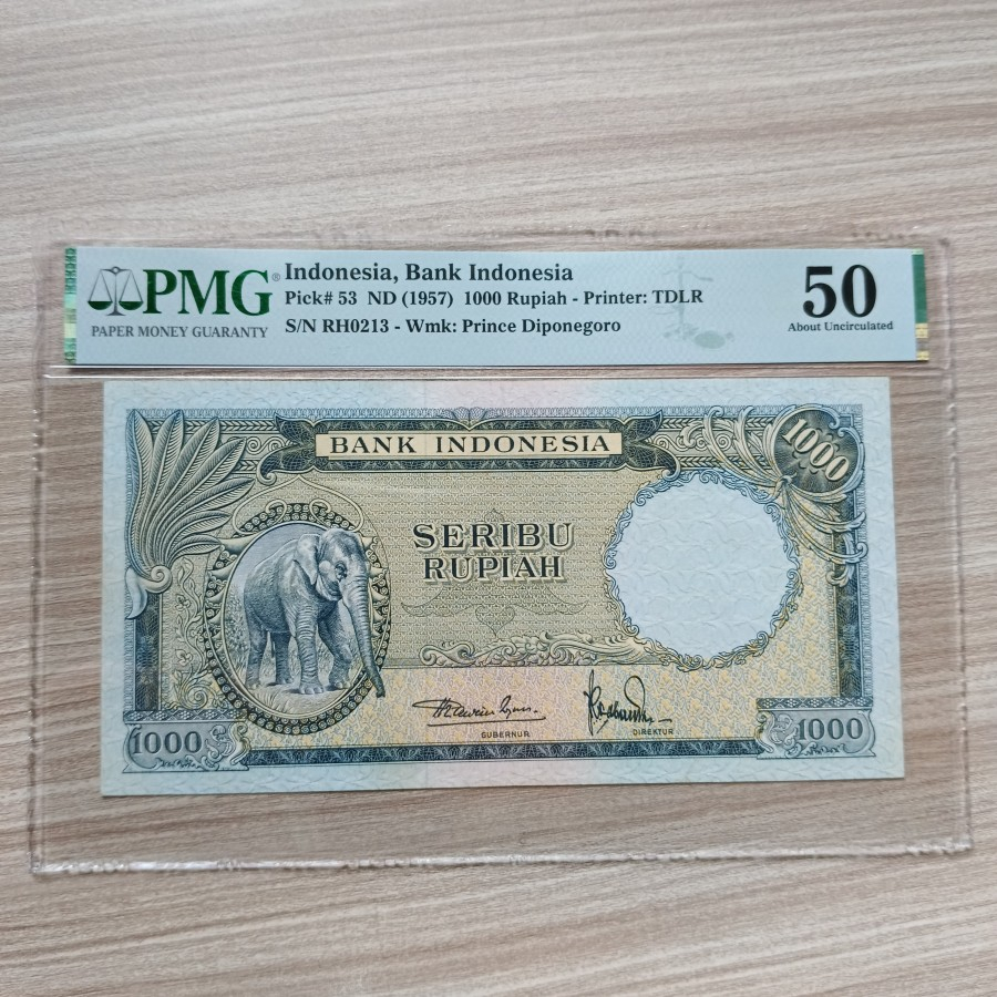 PMG Uang Kuno 1000 Rupiah 1957 Gajah Seri Hewan Skor 50 AUNC LANGKA
