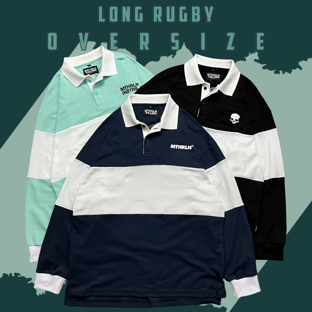 MOTHERLINE RUGBY OVERSIZE TSHIRT POLO KAOS KERAH Pria Wanita Lengan Panjang SALUR STRIPE COTTON PIQU