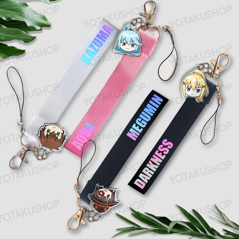 Paket Strap Hologram + Charm Gantungan Kunci Konosuba Seri 1 Megumin Aqua YOTAKUSHOP