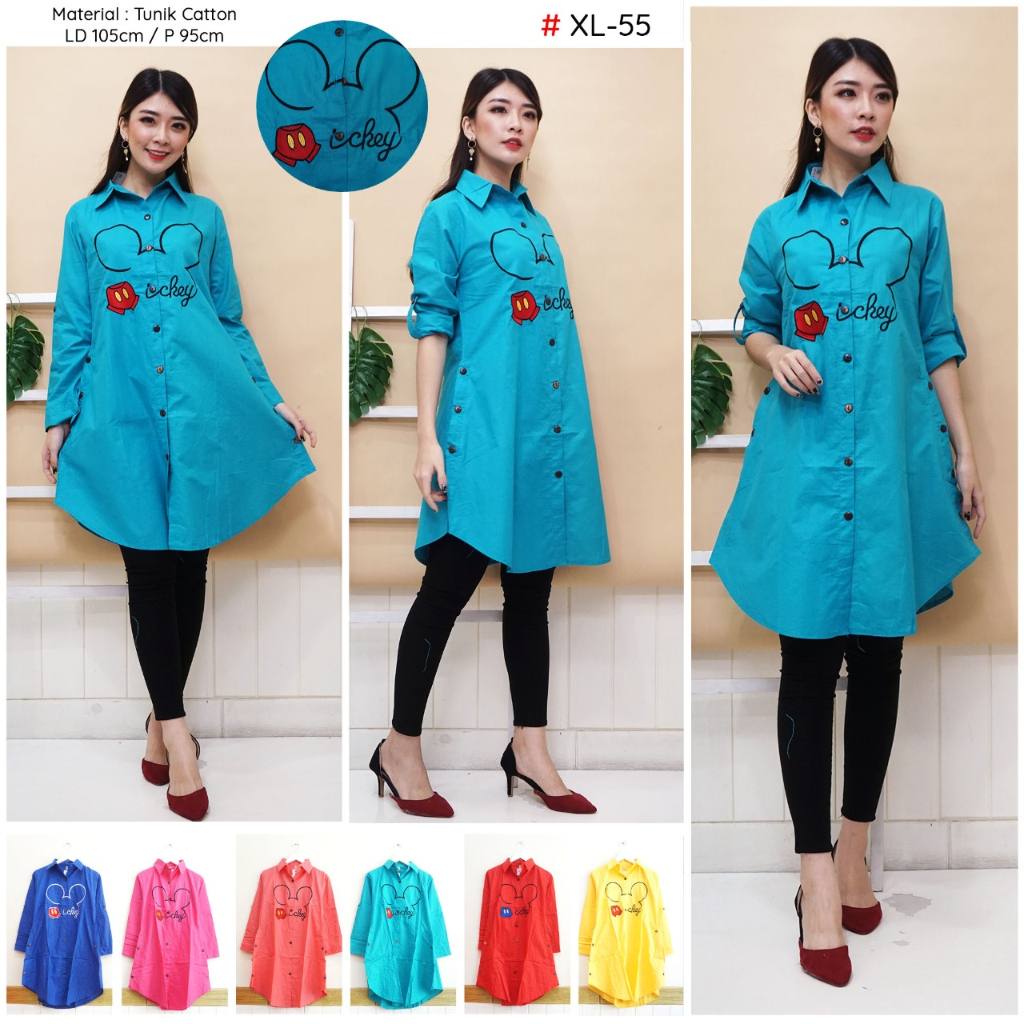 Baju Tunik Wanita Bordir Gambar Mickey Mouse Bahan Katun UKuran XL