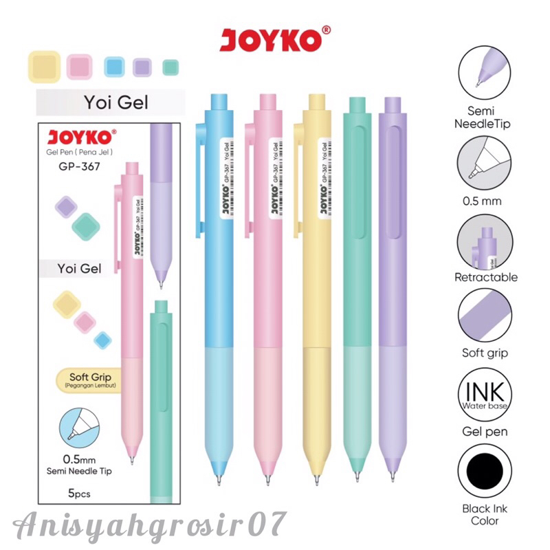 

(1PACK/5PCS) Bulpen pulpen gel JOYKO GP 367 GP-367 0.5mm pastel tinta hitam