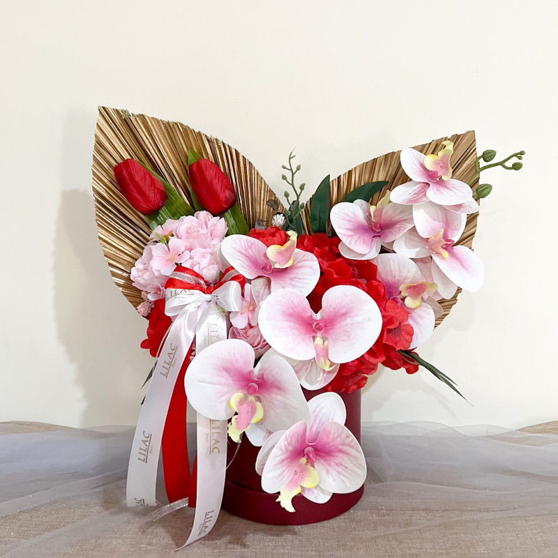 La Orchid Artificial Flower Box with Dried Palms