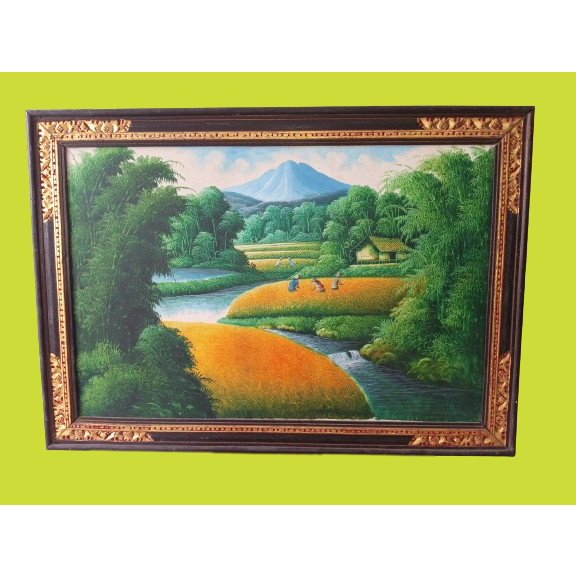Lukisan Pemandangan Sawah / Bunga / Abstrak / Ikan / Air Terjun Bali Ukuran Besar (Termasuk Bingkai)