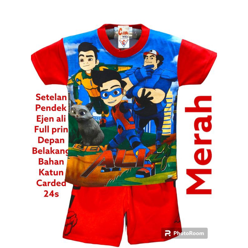 baju setelan pendek ejen ali anak laki-laki full prin depan belakang ukuran 2-9 tahun