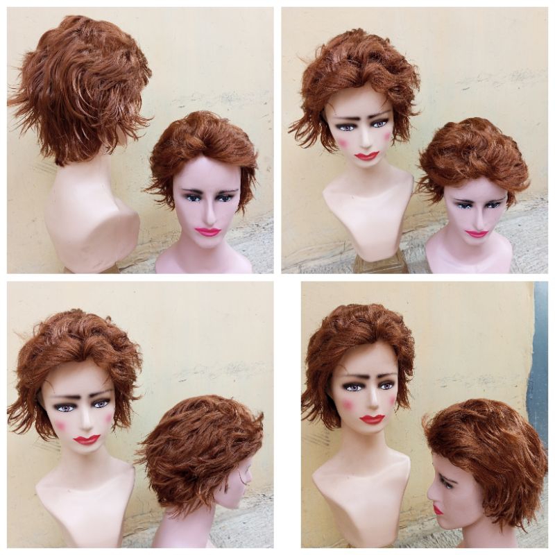 Wig pirang coklat pendek gelembang keriting cocok pria wanita wig anime