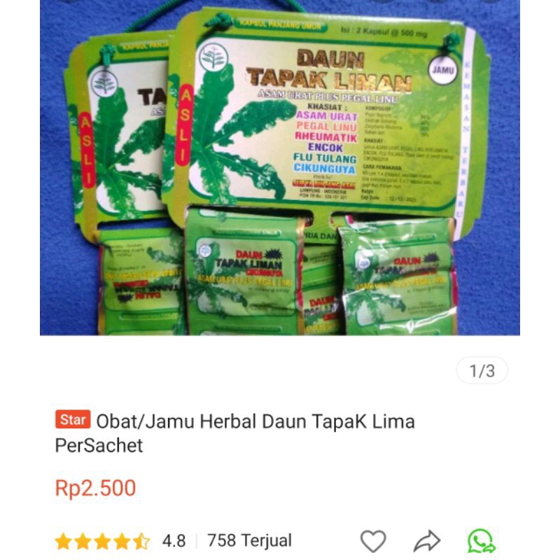 

Obat/Jamu Herbal Tradional kapsul Daun Tapak Lima harga PerSachet isi 2 tablet