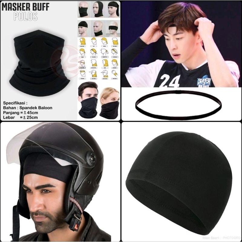 Penutup kepala pria hitam polos topi helm kupluk hitam buff hair band multi fungsi helm inner murah