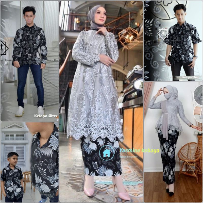 Baju Couple Kebaya Sarimbit Keluarga Set Kemeja Batik Pria Motif Kelapa Silver / Setelan Kebaya Bruk