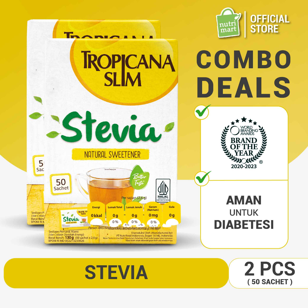 

Twin Pack - Tropicana Slim Sweetener Stevia 50 sachet - Pemanis Alami untuk Batasi Gula