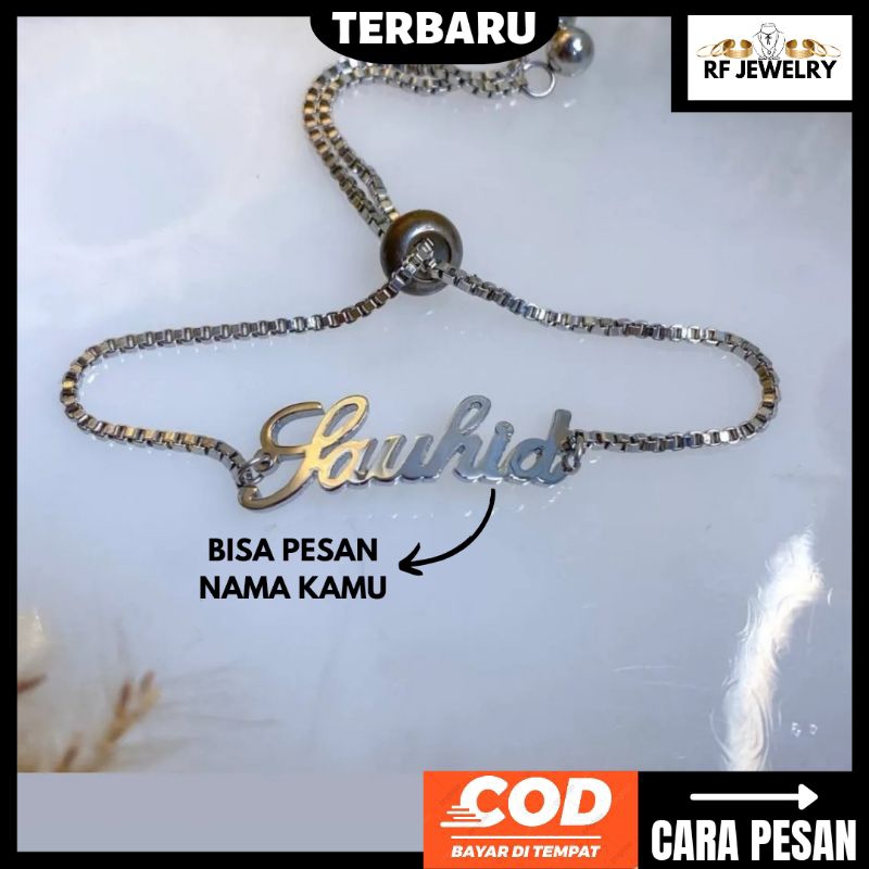 Gelang serut Titanium free ukir nama lapis emas