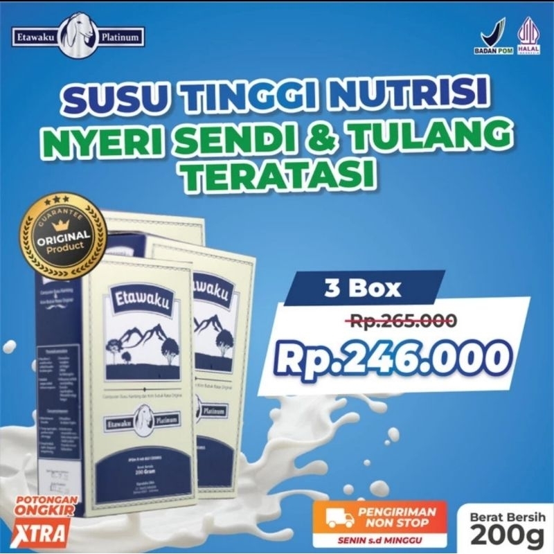 

ETAWAKU PLATINUM ORIGINAL 100% ( 3 BOX ) - SUSU KAMBING ETAWA ORIGINAL - MURNI TANPA PENGAWET