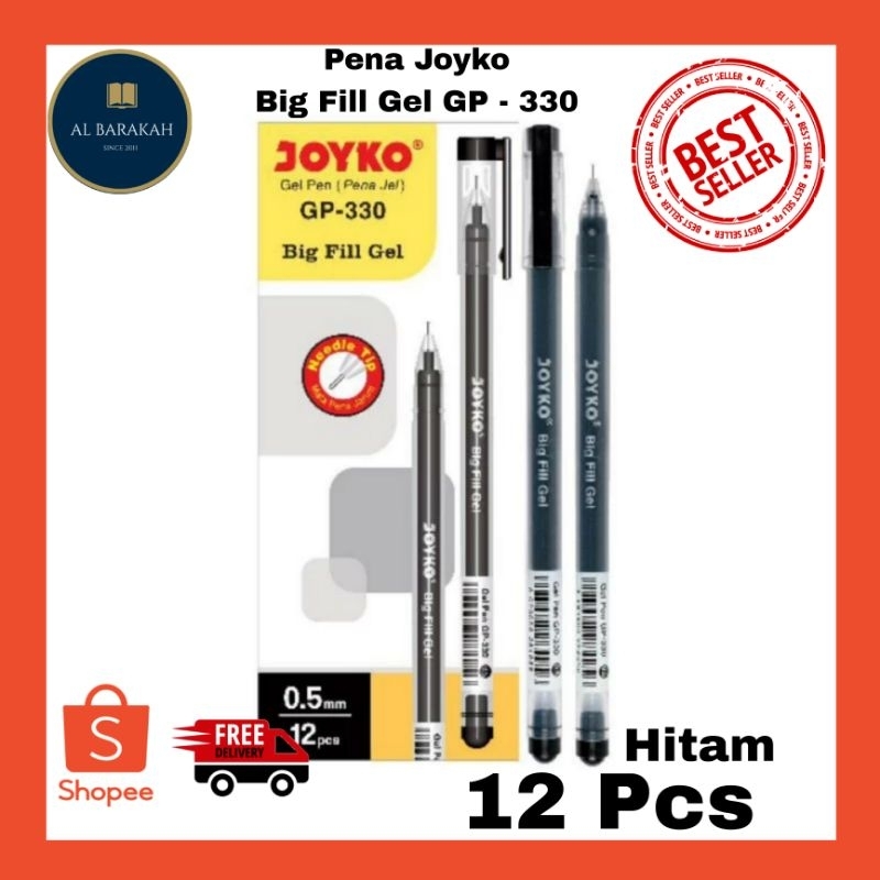

12 PCS !!! Pena HITAM Joyko GP-330 Big Fill Gel 0.5 mm Gel Pen Pulpen