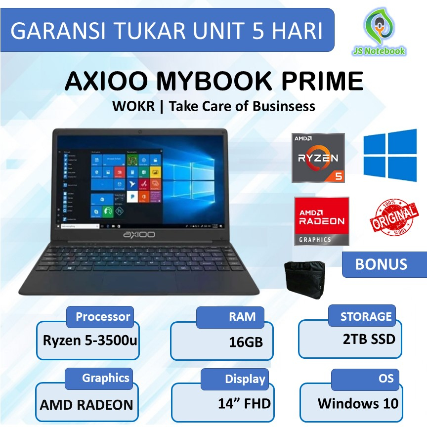 Laptop TKDN Axioo Mybook Prime 5 Ryzen 5-3500u 16GB 2TB SSD W10 Pro