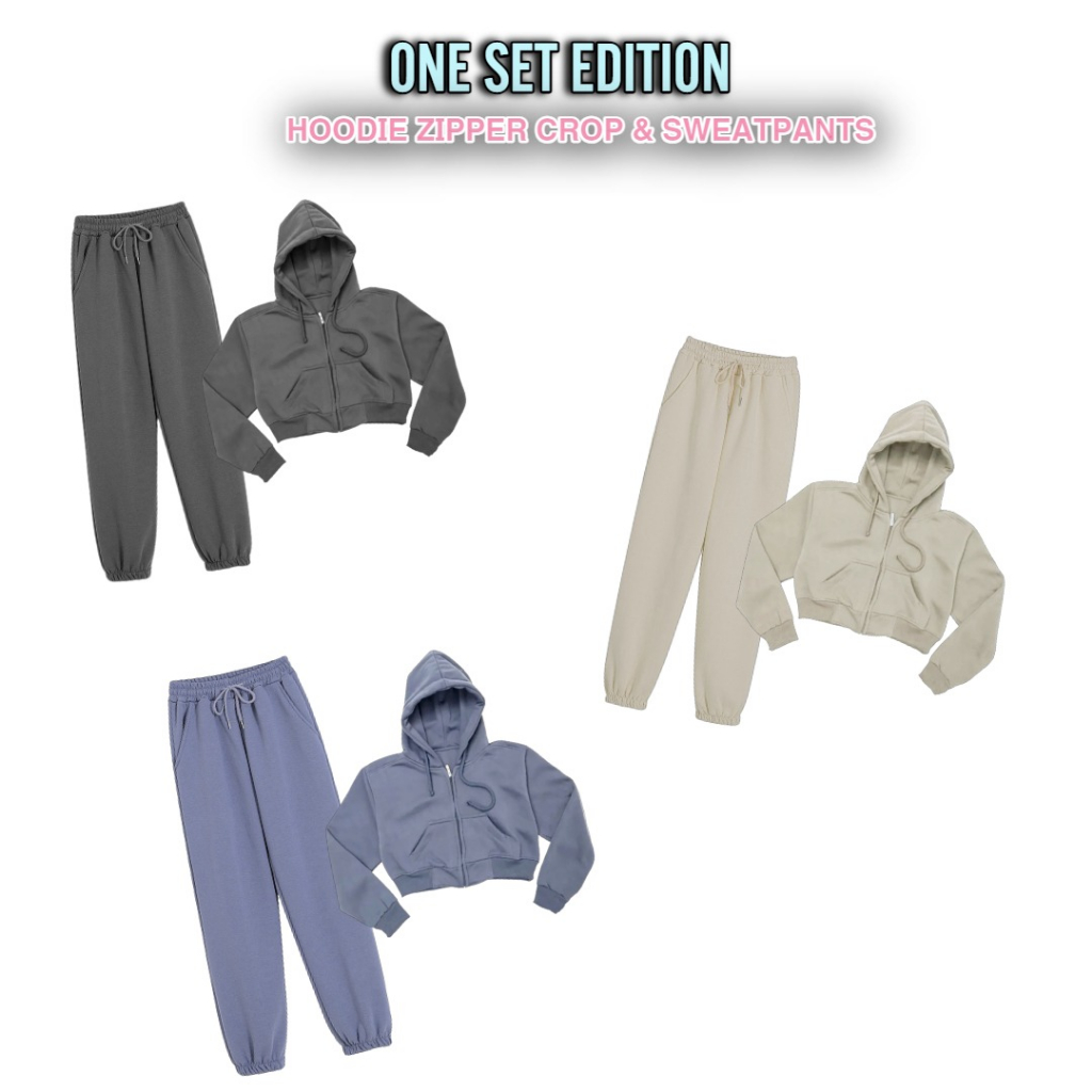ONE SET HOODIE ZIPPER CROP + CELANA JOGGER PANJANG SWEATPANTS ONE SET KOREA
