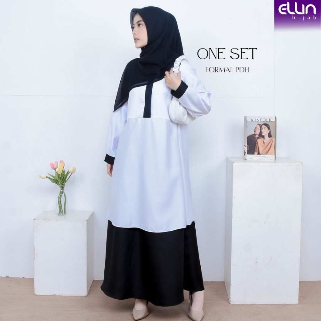 Ellin Hijab One Set Wanita Seragam Hitam Putih Tunik Formal