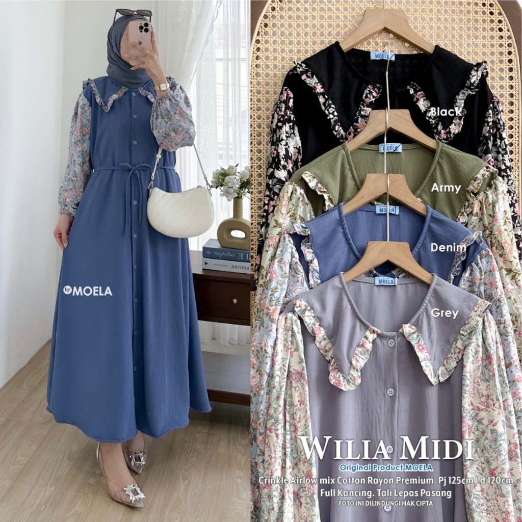 WILIA MIDI DRESS CRINKLE AIRFLOW POLOS MIX MOTIF BUNGA DI BAGIAN LENGAN MIDI DRESS CASUAL LD 120CM J