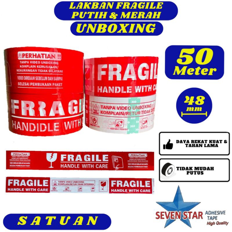 

Lakban Fragile Unboxing Seven Star 48mm x 50 meter Satuan - Lakban Daya Rekat Kuat,Tidak Mudah Putus