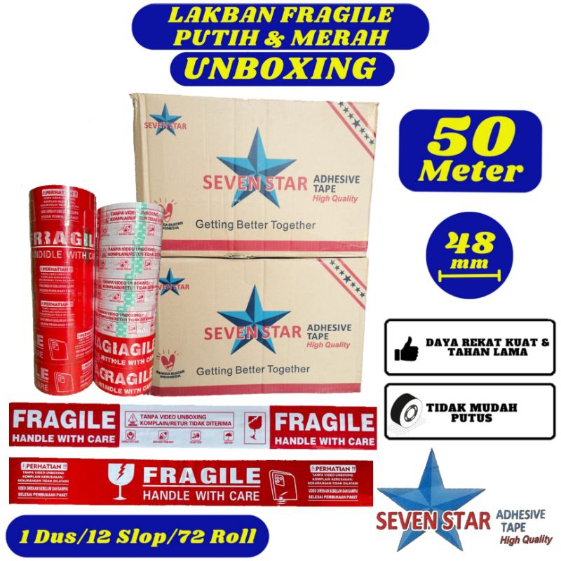 

Lakban Fragile Unboxing Seven Star 48mm x 50 meter Karton - Lakban Daya Rekat Kuat,Tidak Mudah Putus