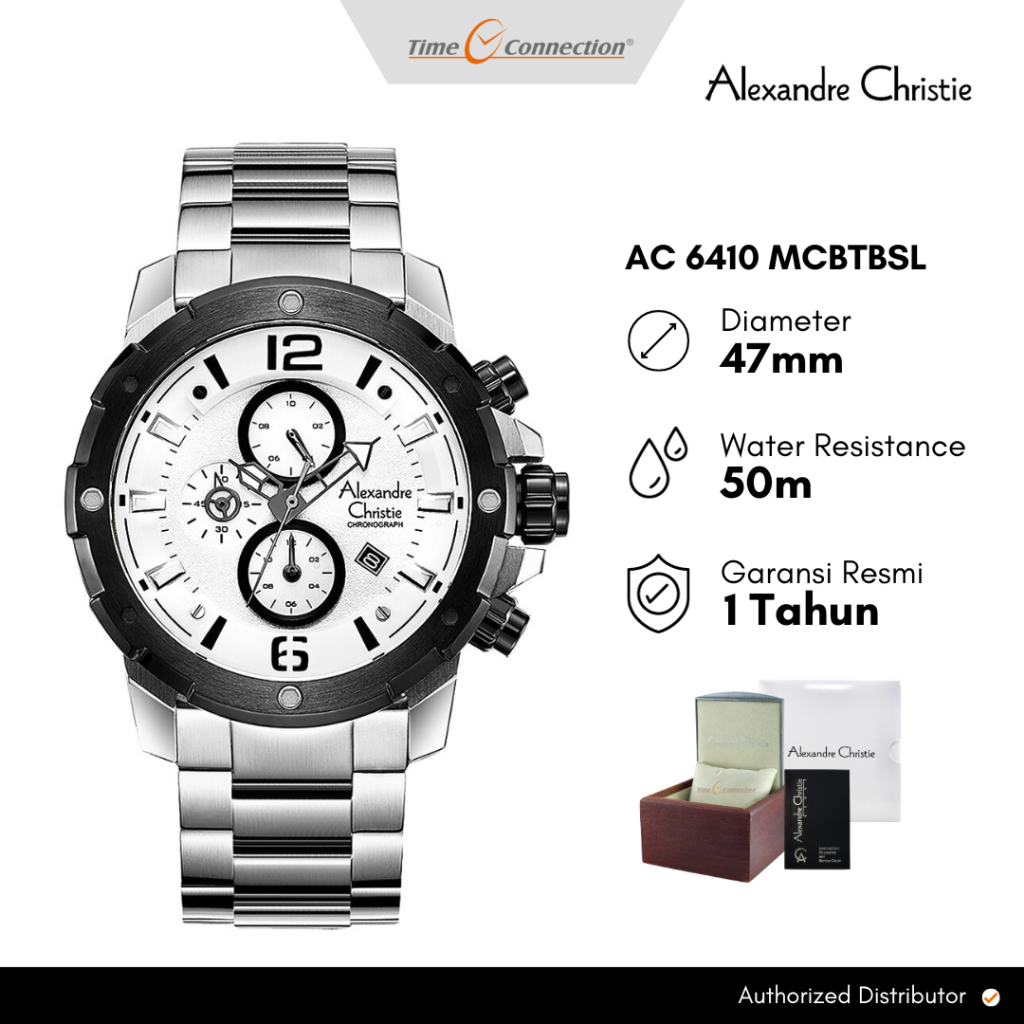 Alexandre Christie AC 6410 MCBTBSL Silver Putih Original / Jam Tangan Pria Analog Rantai Stainless S