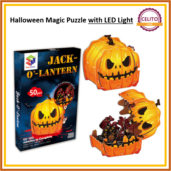 Magic Puzzle with LED Lights Halloween - Jack-O-Lantern - Kado Halloween - Puzzle Anak