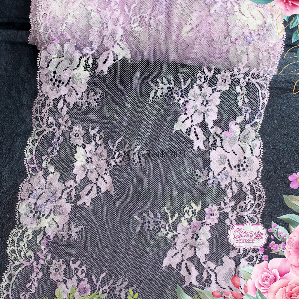 (Per Meter) RDS456 Renda Stretch / Renda Elastis / Renda Karet Ungu Muda Lebar 23Cm