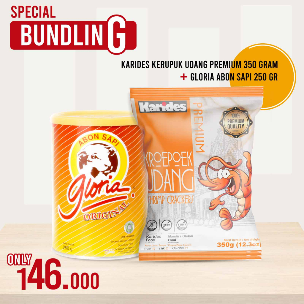 

BUNDLING - KARIDES KERUPUK UDANG PREMIUM 350G + GLORIA SAPI 250G