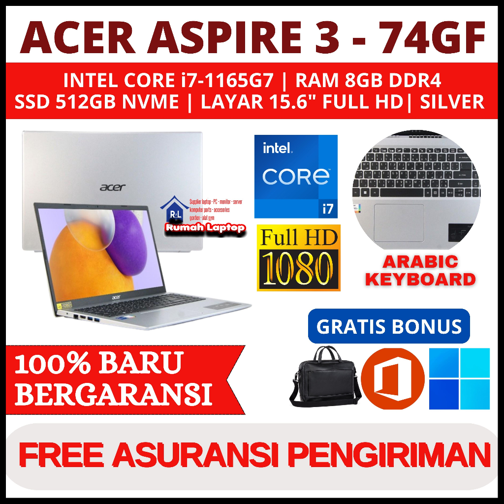 Laptop Acer Aspire 3 A315-58-74GF Core i7-1165G7 Ram 8Gb Ssd 512Gb 15.6" Full hd Silver