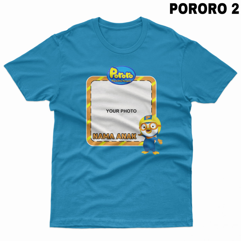 Kaos Karakter Anak Custom Foto dan Nama Sendiri Karakter Pororo Usia 1-12 Thn