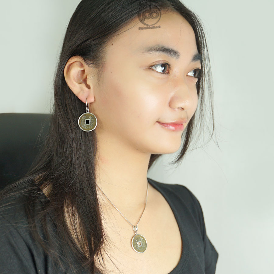 Anting Unik Wanita Perak 925 Uang Kepeng Pis Bolong Coin Kuno