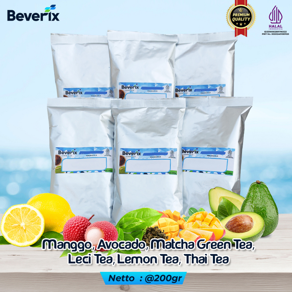 

Jual Bubuk Minuman Rasa Teh Jumbo, Coklat, Buah, Susu, Kopi, Fresh Tea Premium Kemasan 200 gram Beverix Powder Drink