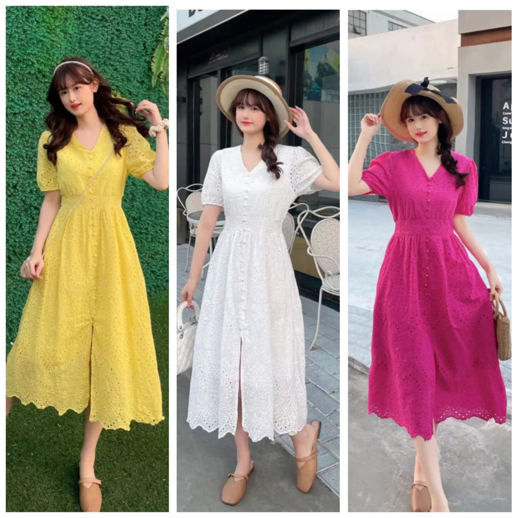 Midi dress kuning putih pink fuchia dress midi Korea bsd1173