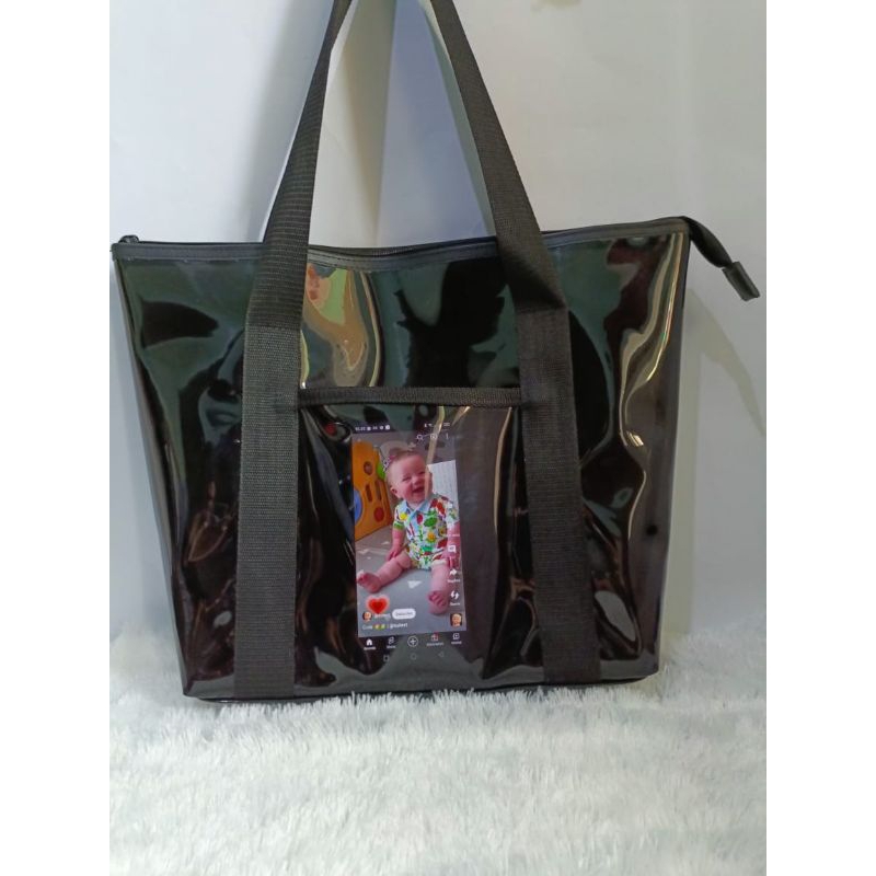 TOTEBAG WANITA TRANSPARAN MIKA WARNA HITAM TAS KULIAH